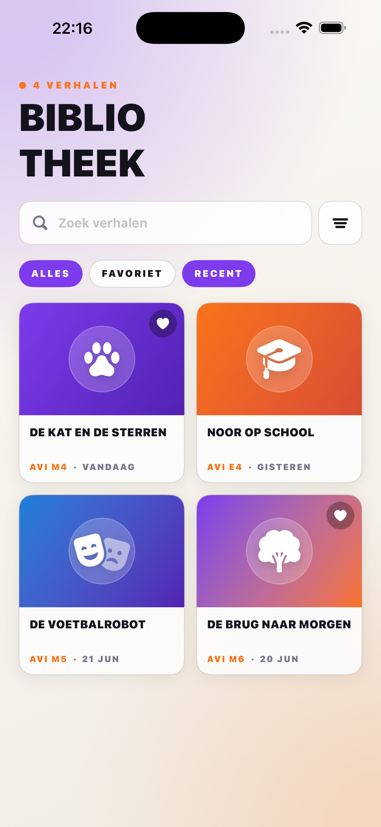 EVI screenshot van de bibliotheek met opgeslagen verhalen