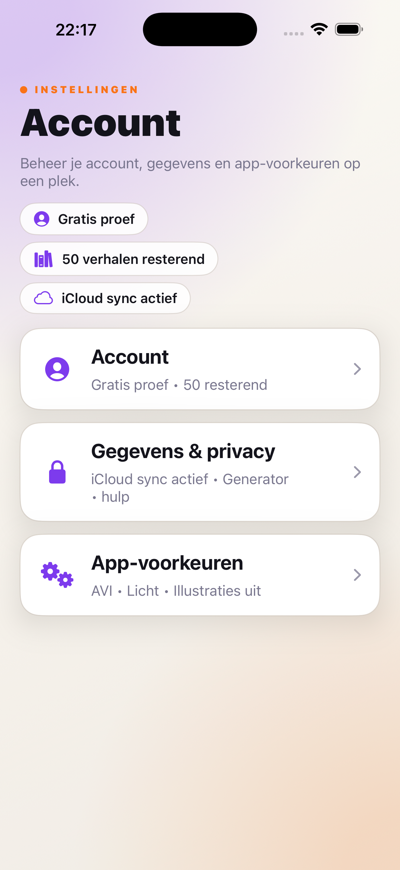 EVI screenshot van account, privacy en iCloud sync instellingen